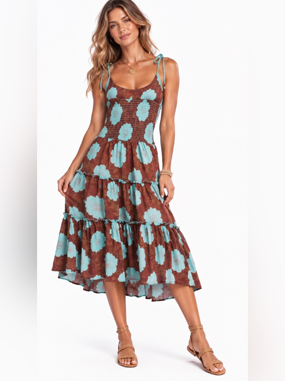 Free People Brown Midi Dress with Teal Floral Print